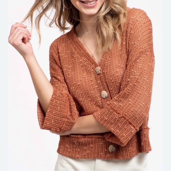 Blu Pepper Sweaters - Blu Pepper Pulled Thread V-Neck Terracotta Cardigan Sweater, Womens size Medium